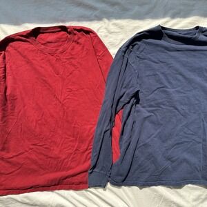 Set of 2 Fruit of the Loom Long Sleeve T-Shirt Size XL Red and Navy Plain Blank